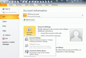 Account Settings menu used with Exchange server accounts